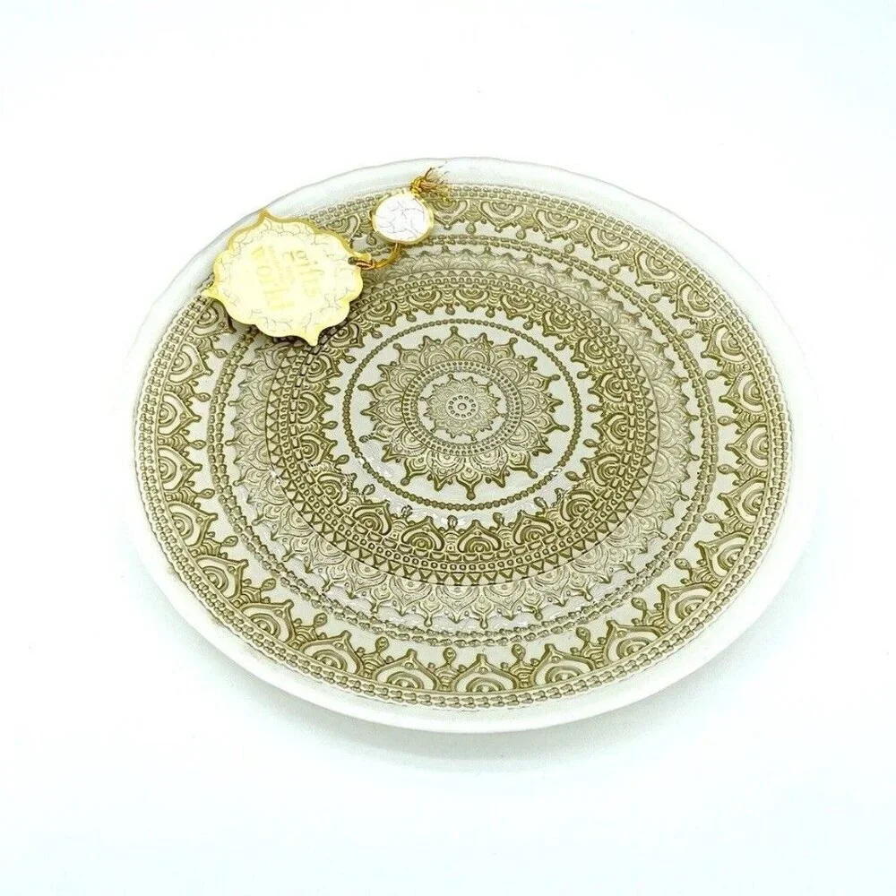 TURKISH GLASS White Entrée Plates Hand Painted Gold Lace Set of 4 NWT Glass